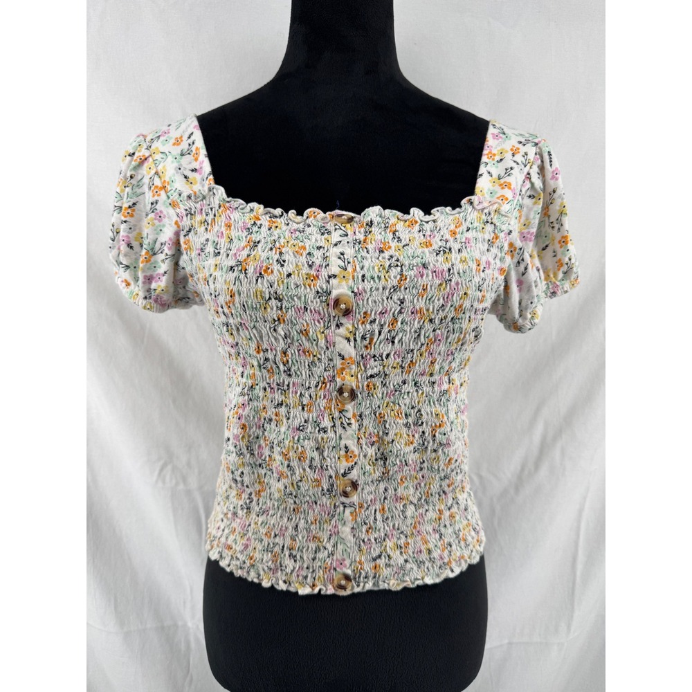 Mudd Womens XL White Floral Smocked Top Short Sleeve Faux Button Square Neck